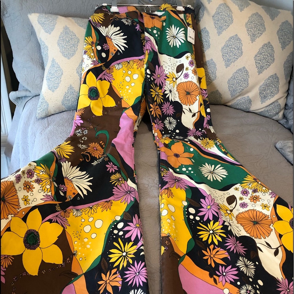 Free People Retro Floral Patchwork Wide Leg Jeans in Yellow, Green & Pink